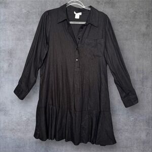 Cynthia Rowley Linen Long Sleeve Shirt Dress Size Medium Black Womens Drop Waist